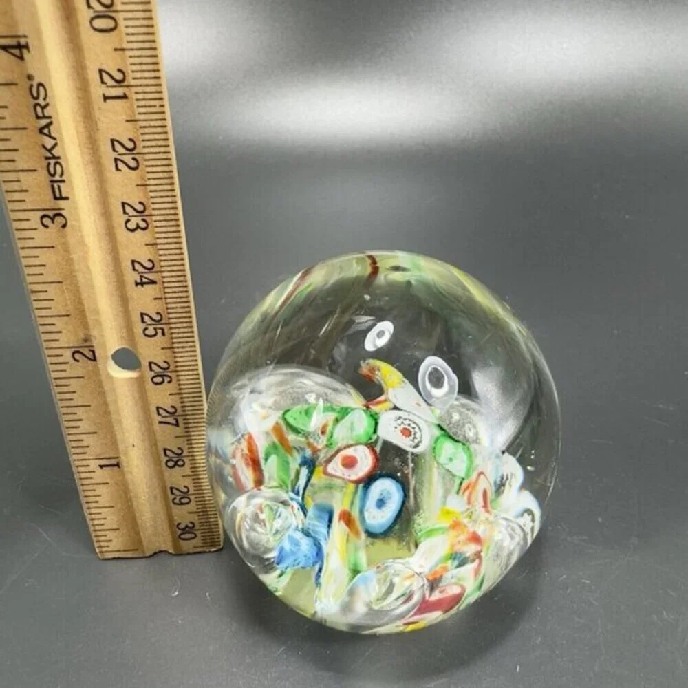 Hand Blown Art Glass Paperweight With Large Bubbles Multicolored‎ Millefiori VTG